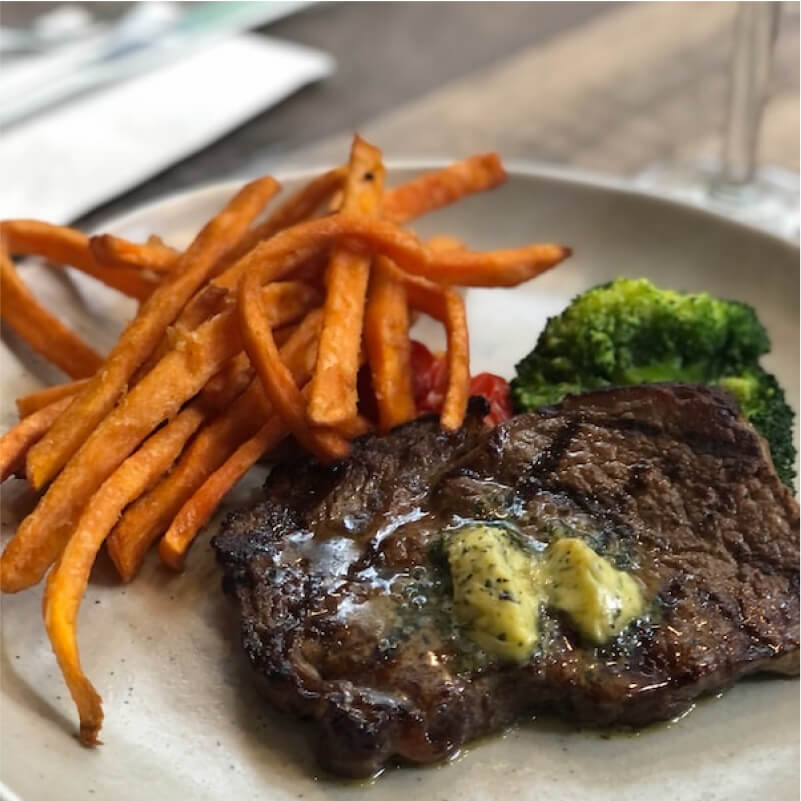 Grilled Steak with Sweet Potato Fries and Herb Butter Recipe